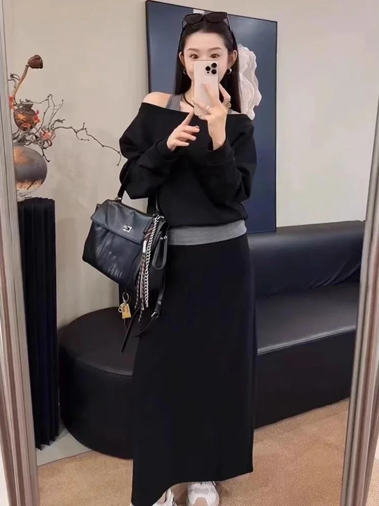 

Korean Design Shoulder Bared Sweatshirt Skirt Set Women's Fashion Loose Slimming Illusion mid Autumn New Style Casual Wear