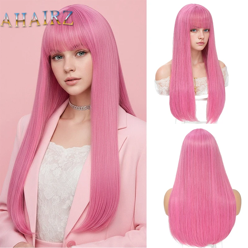 

Long Pink Straight Synthetic Wigs with Bangs Cosplay Halloween Lolita Wig for Women Realistic Fake Hair Heat Resistant