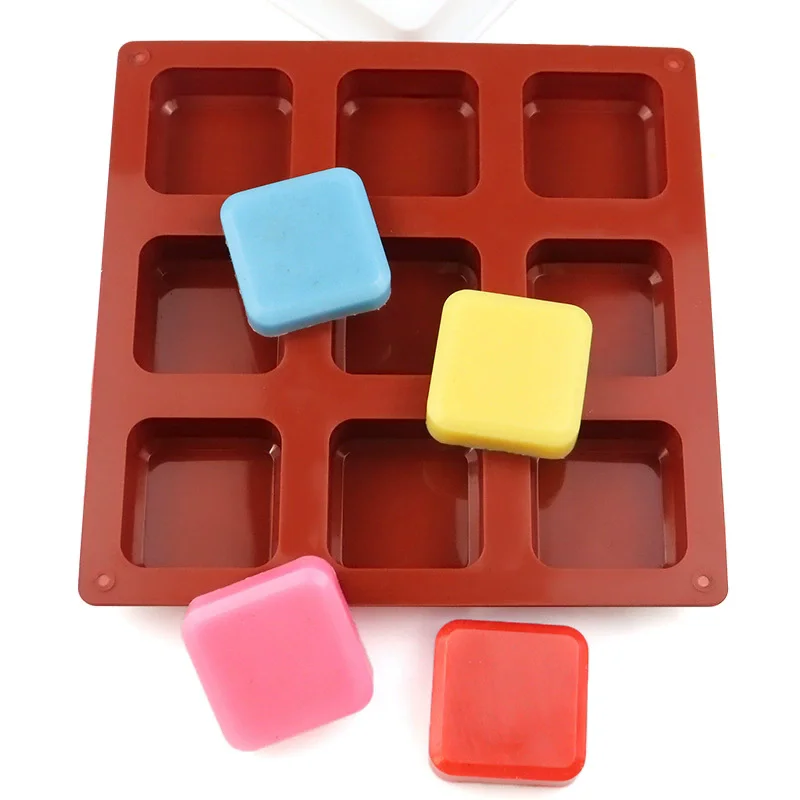 9-fach quadratische Silikonform für Seifenherstellung, Würfel, Süßigkeiten, Schokolade, Gelee, Brownie, Eiswürfel, Wachsschmelze, Kuchendekoration – Detail 4