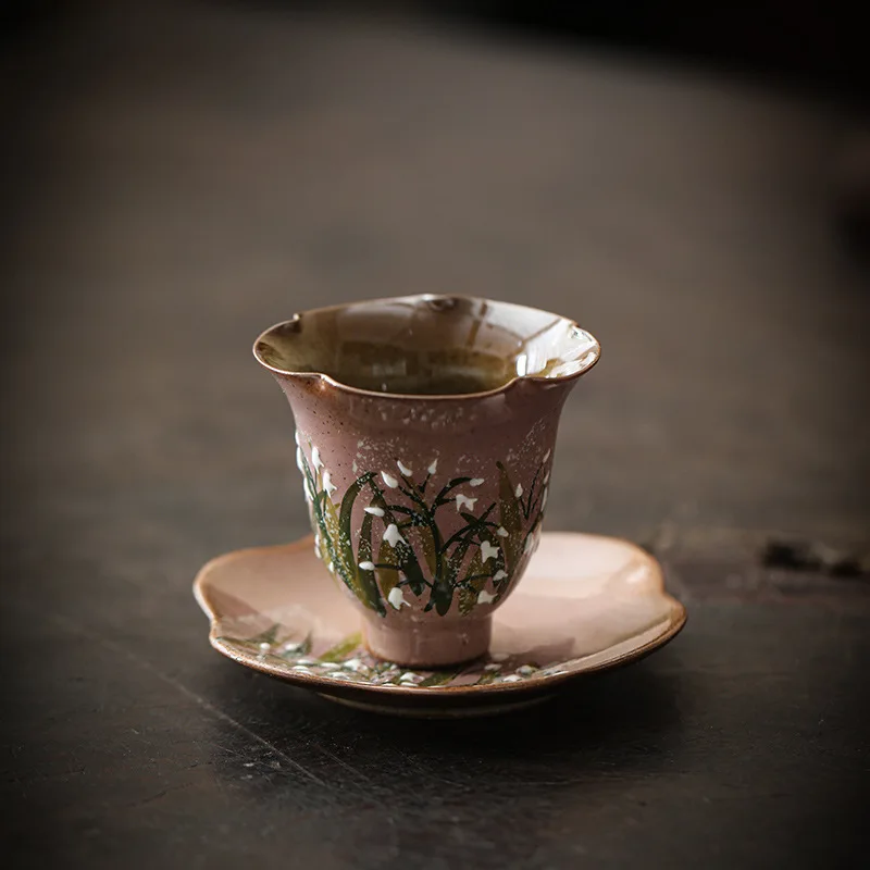 

Hand Drawn Ceramic Bell Orchid Cup Tea Set Household Tea Cup Set Coaster Petal Cup Tea Tasting Cup Home Desktop Decoration New