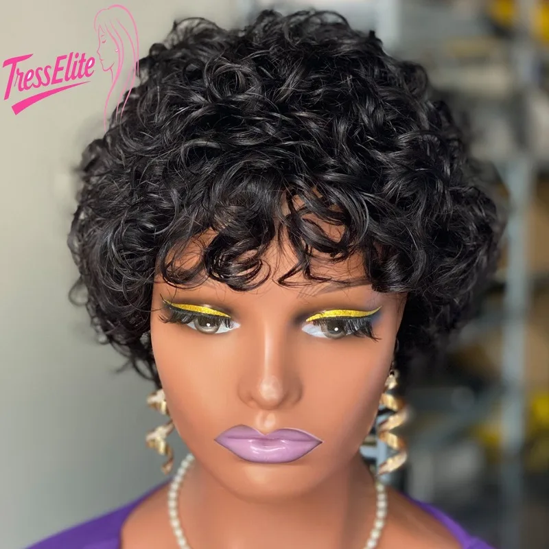 12A 180% 밀도 짧은 곱슬머리 인모 가발 - 브라질산 버진 레미 헤어 기계 제작 여성용 데일리룩