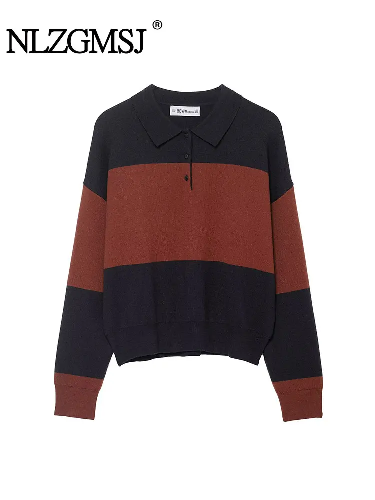 

Nlzgmsj Autumn High Street Chic Women Contrast Color Knitted Sweaters Women Full Sleeve Vintage Style Tops