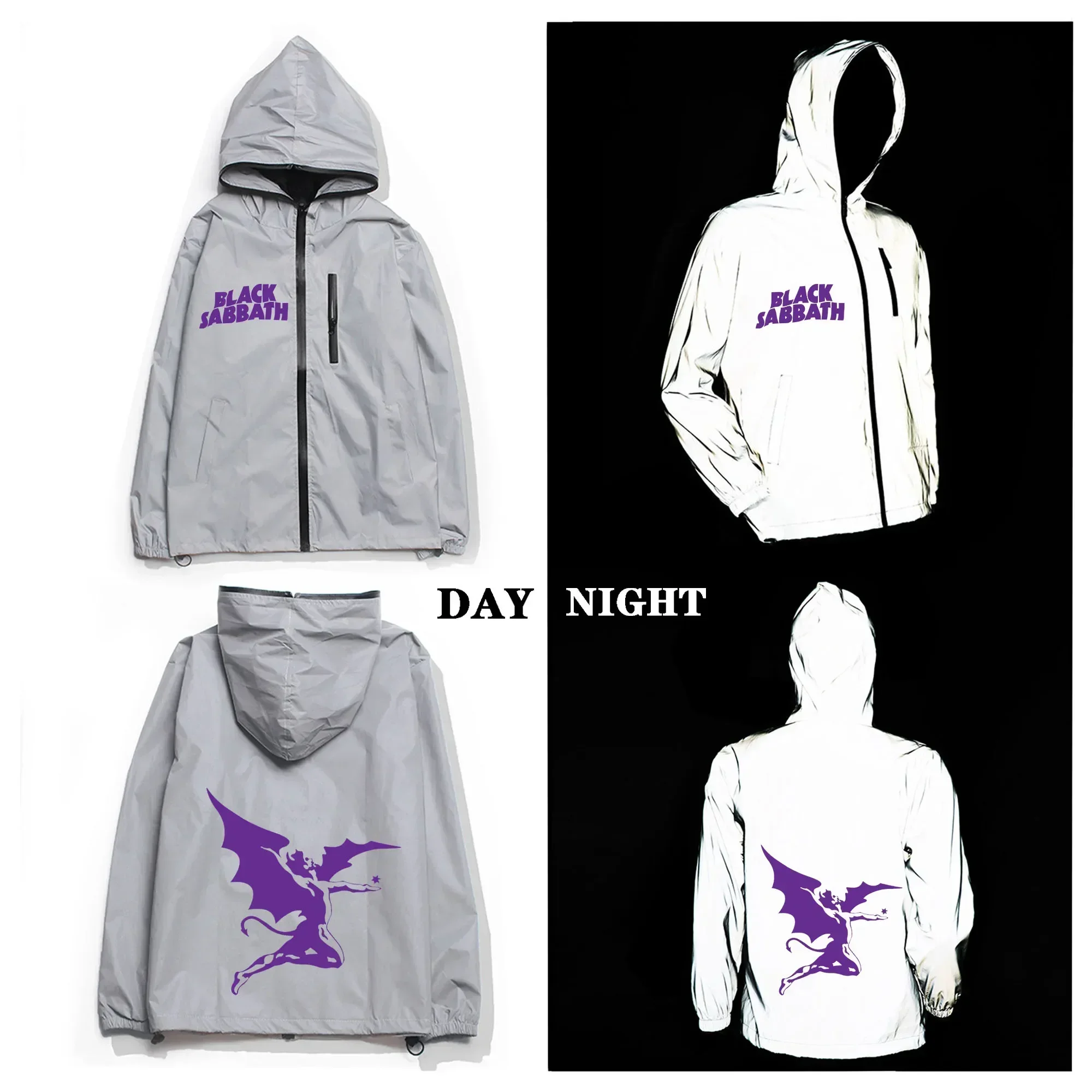 Black Heavy Metal Band Sabbath Reflective Jacket Mens Womens Coat Hooded Windbreaker Run Pocket Jackets Zipper Custom Hoodie