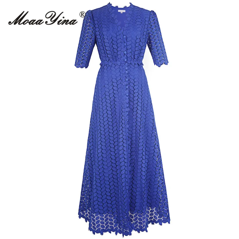 

MoaaYina Spring Fashion Runway Blue Vintage Party Dress Women V Neck Short Sleeve Single Breasted High Slit Slim Lace Long Dress