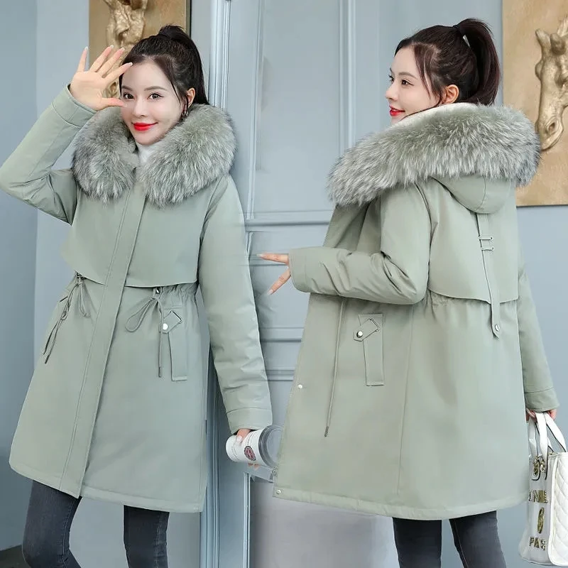 2022ฤดูหนาวสำหรับผู้หญิงใหม่แจ็คเก็ต8XL Slim Long Coat Casual Parkas Big Fur ผ้าขนสัตว์ Hooded Outwear ให้ความอุ่นผ้าฝ้ายเสื้อโค้ทหญิง