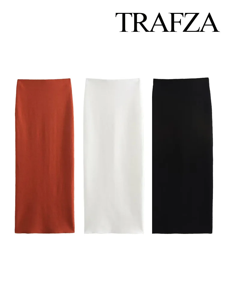 

TRAFZA Fashion Women Slit Hem Design Knitted Midi Skirt Female Summer Vintage Solid Elastic Waist Slim Skirt Streetwear Mujer