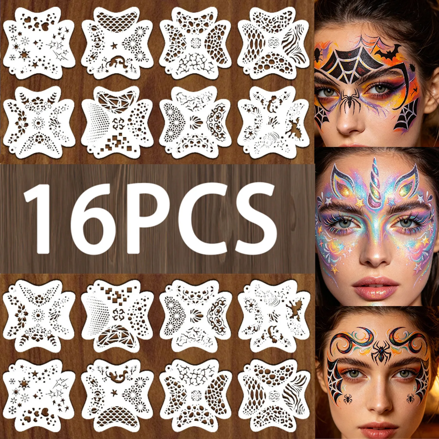 Face Painting Stencils 16pcs Four Sided Cutout Plastic Reusable Party Templates for Halloween Birthday Party School Performances
