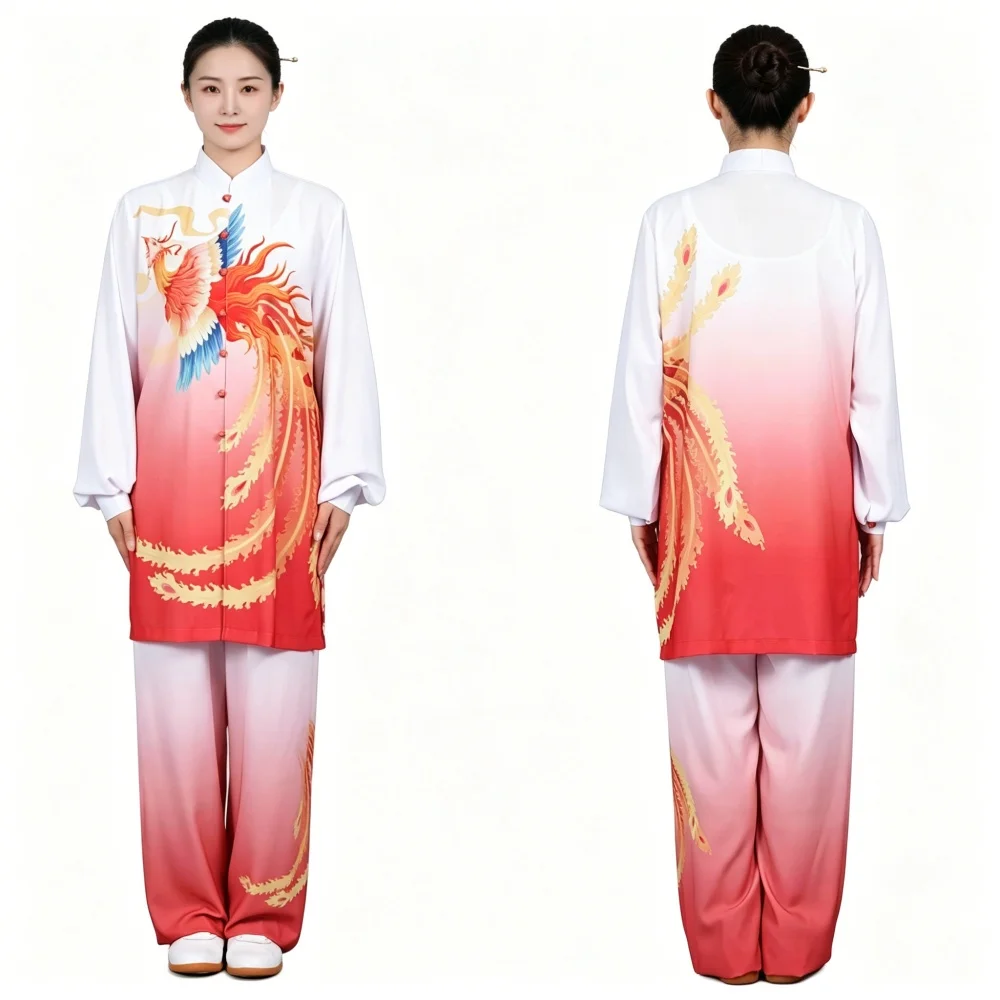 Tai Chi Uniform For Women Chinese Traditional Wushu Suit Print Gradient Long Top And Pants Set For Martial Arts Performance