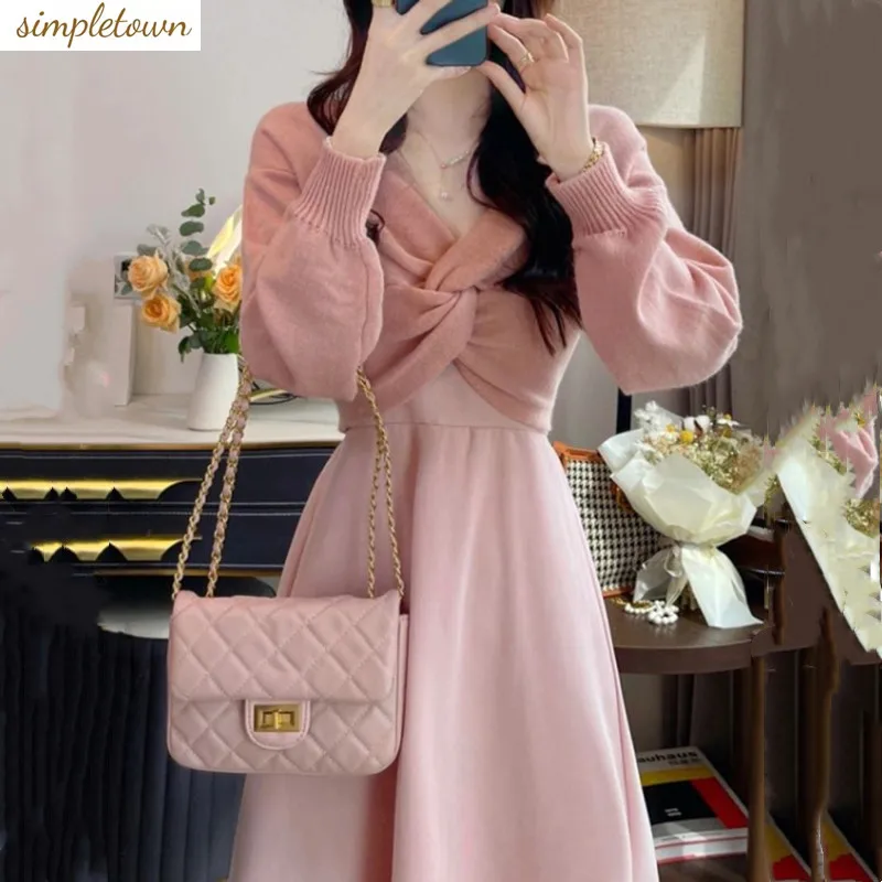 2024 Autumn New Korean Women's Set Sweet Light Mature Slim Fit Sweater Strap Dress Two Piece Set