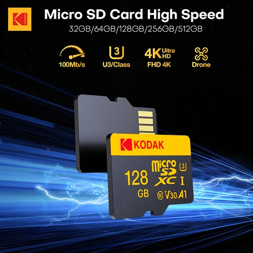 Tarjeta de memoria Micro SD Kodak para monitoreo de vídeo de cámara 32gb 64gb 128gb 256gb 512gb tarjeta TF 100MB/s C10 U3 almacenamiento de memoria Flash
