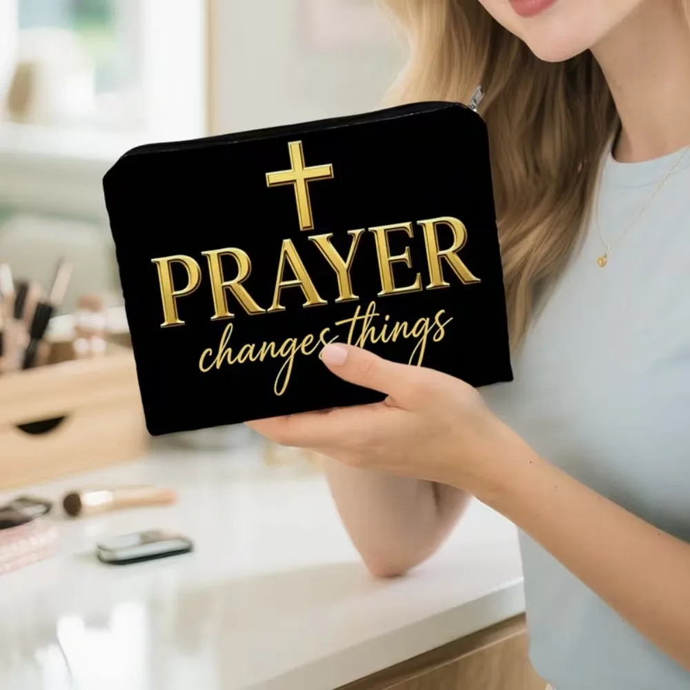 Prayer Changes Things Canvas Zipper Pouch Christian Cross Print Makeup Bag Travel Cosmetic Storage Gift for Faith Women