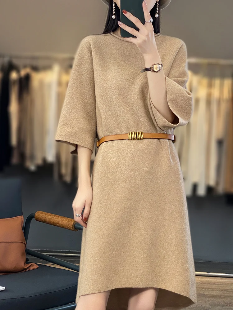 

100% Merino Wool 2024 Fashion Women Half Sleeve Dresses For Spring and Summer O-neck Pure Color Office Lady Knitwear Dress