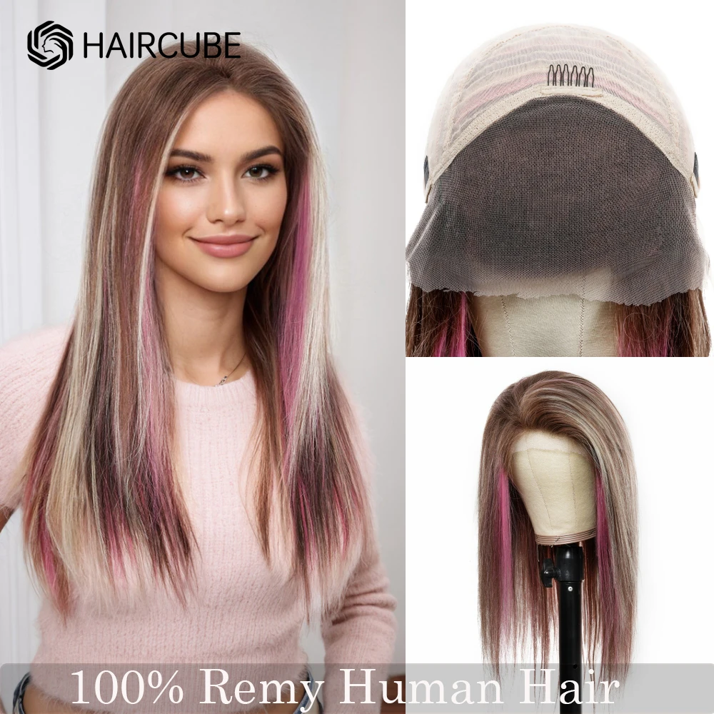 Peruca de cabelo humano remy frente renda HD para mulheres, pré-arrancadas, longas e retas, cabelo real, marrom, loiro, rosa misto, uso diário, 13x4