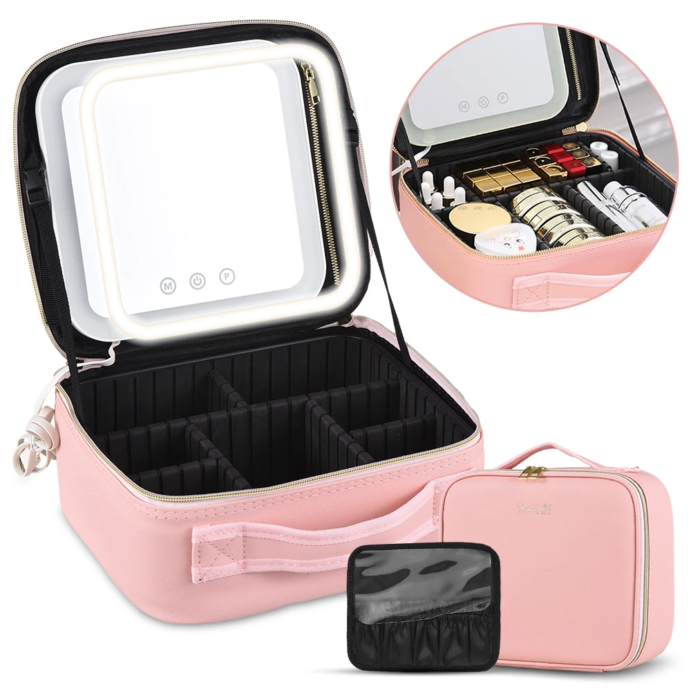 

Travel Train Case with Mirror LED Light Adjustable Brightness Large Capacity Adjustable Dividers for Cosmetics Makeup Brushes