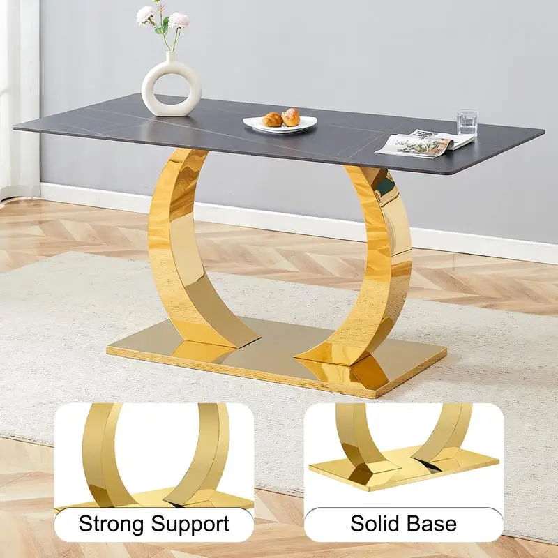 طقم طاولة طعام من الحجر الملبد مع 6 كراسي فريدة من نوعها، بلوزة سوداء بأرجل معدنية ذهبية، 63 بوصة × 31.5