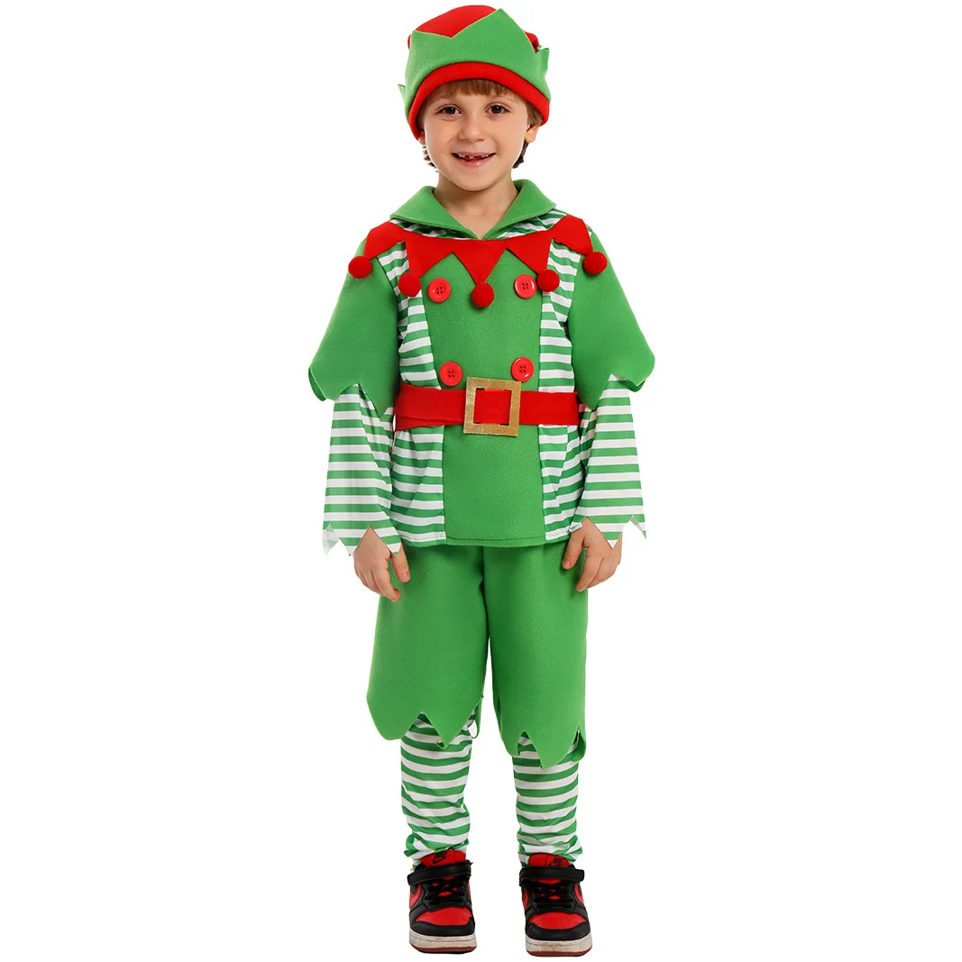 Costume de cosplay d'elfe de Noël pour enfants, chapeau de performance sur scène, tenues vertes, pantalon en Y, fête scolaire, enfants, garçons