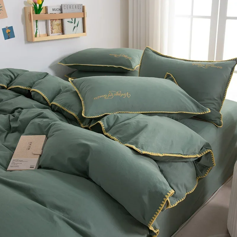 150/180/200CM Ink Green Water Wash Cotton Bed Sheet Duvet Cover Pillowcase Four-piece Spring Autumn Bedding Set M063-10