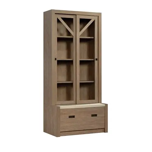 ® Dixon City Library 4-Shelf Bookcase with Sliding Doors and Filing Drawer, Brushed Oak™/Pebble White™