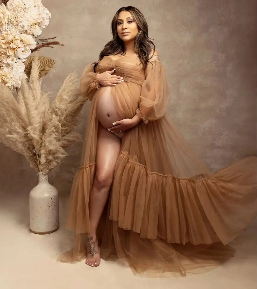 

Off Shoulder Brown Maternity Robes for Pregnant Women Long Sleeves A Line Photo Shoot Dresses Sexy Floor Length Babyshower Gowns