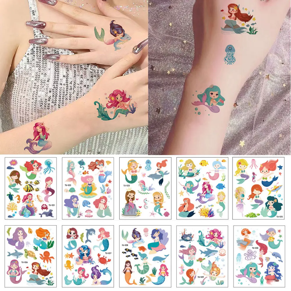 

10 шт./упак. наклейки для татуировок с рисунком русалки, мультяшные временные татуировки, наклейки для женщин, боди-арт