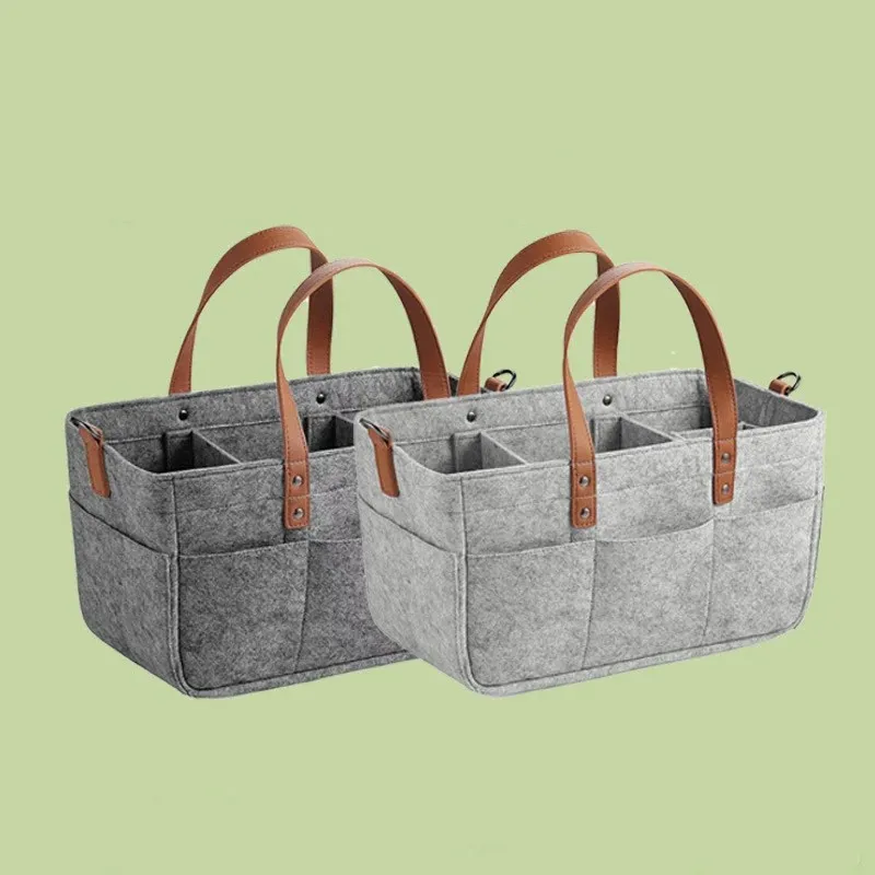 Nursery finishing basket, baby stroller storage bag, felt storage car storage bag PU handle mother pack multi-layer