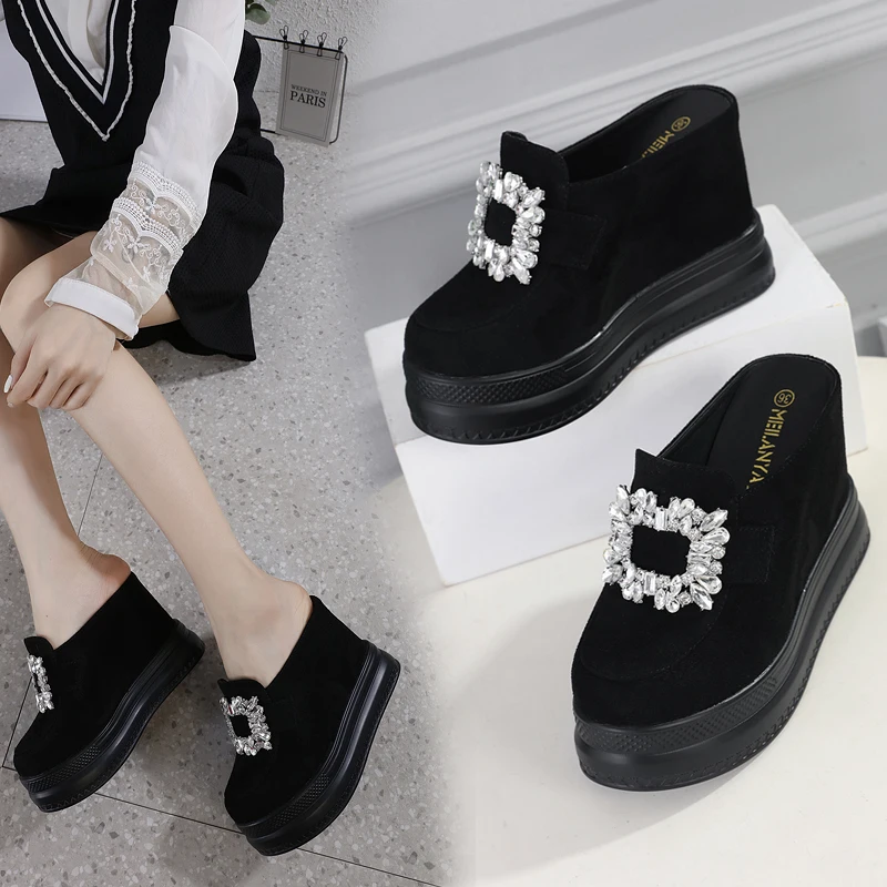 13Cm Super High Heels Peep Toe Women Slippers Brand Design Embroidery Wedge Platform Sexy Slides Models Nightclub Show Sandals