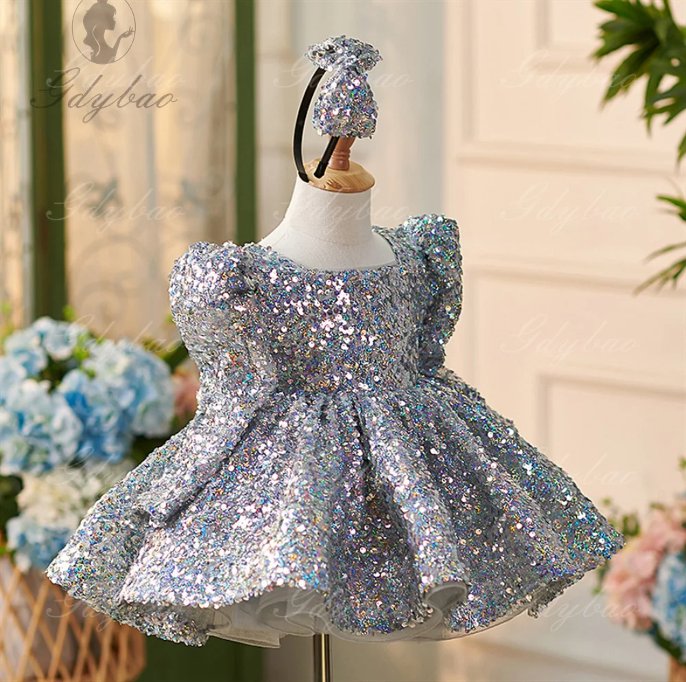 فستان بناتي مزين بالترتر الفضي بأكمام طويلة منتفخ مناسب لحفلات أعياد الميلاد وحفلات الزفاف والمناسبات الأخرى