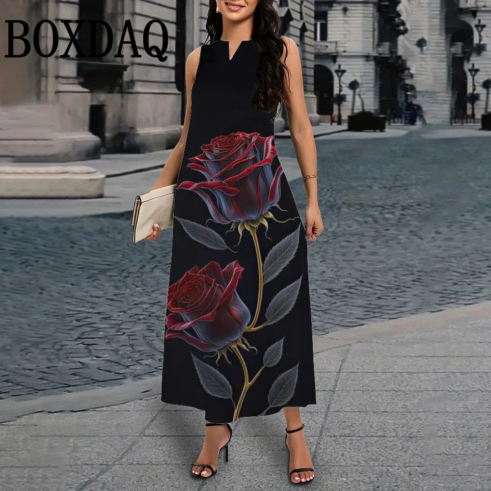Senhoras primavera verão vestido longo sexy tanque com decote em v vestidos de praia casuais flores elegantes 3d impresso solto vestidos vintage para mulher