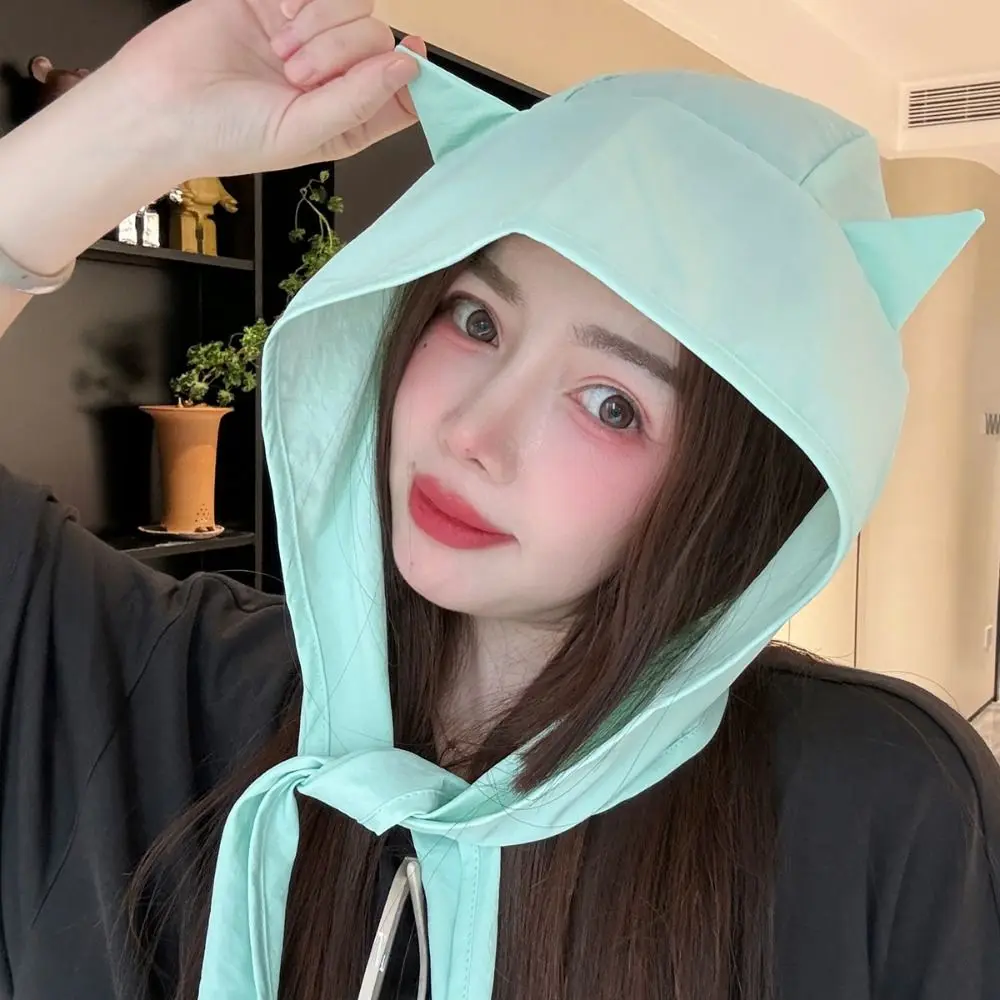 Versatile Korean Style Little Devil Horn Headscarf Quick-drying Solid Color Strap Hat Sunscreen Hat Sun Cap Beanie Cap Girl
