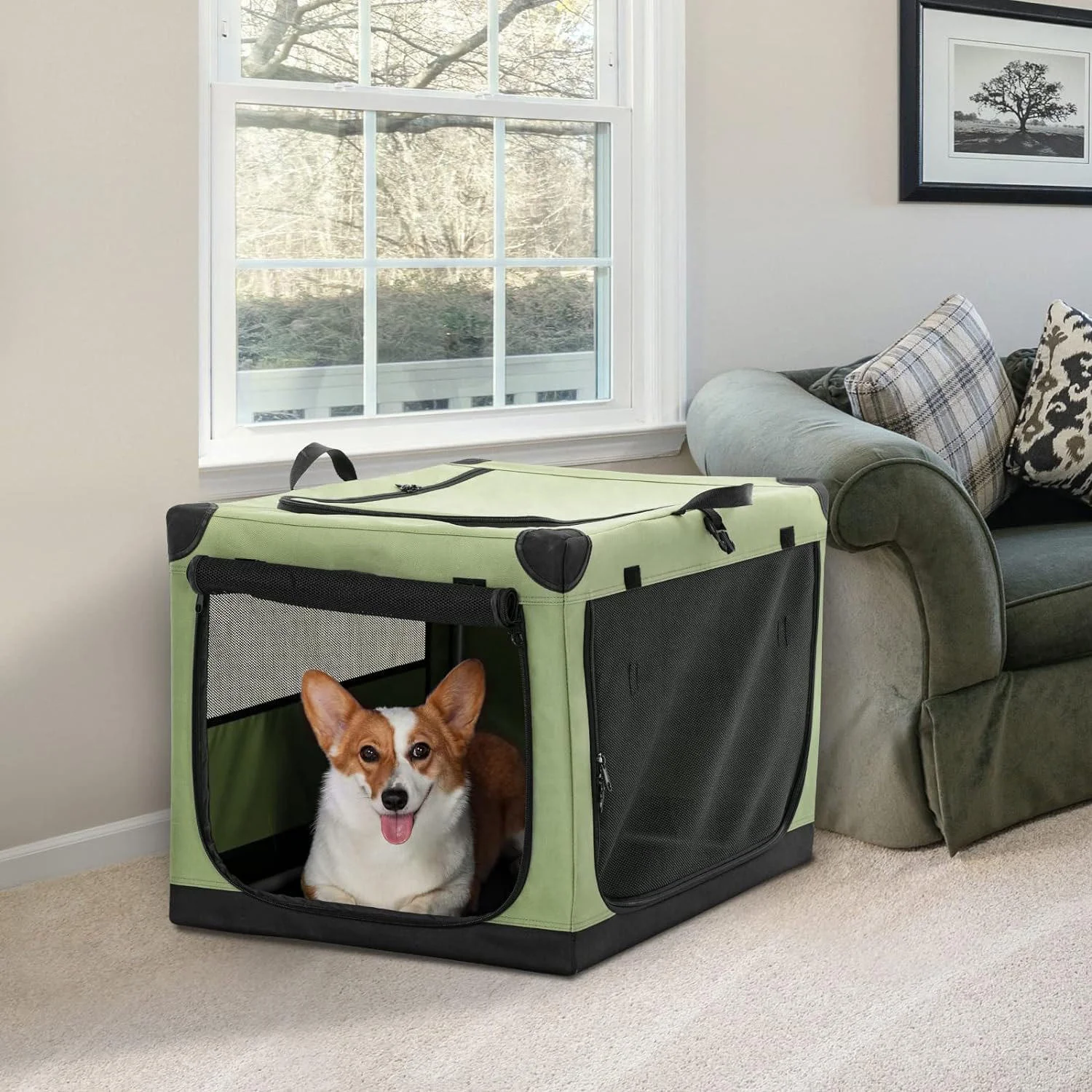 

Custom Printed Foldable Dog Cage Expandable Soft-Sided Pet Carrier with Removable Fleece Pad Pockets & Belt Closure Boxed
