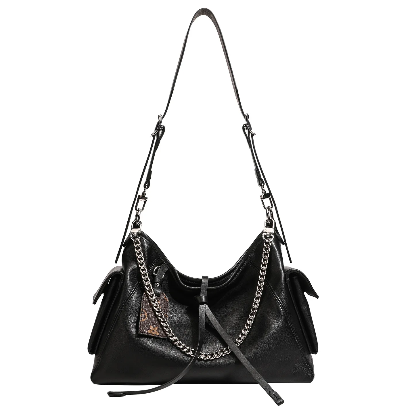 

All-black 'Dark Knight' messenger. Premium leather tote with a chain strap. Roomy, edgy & effortlessly cool.