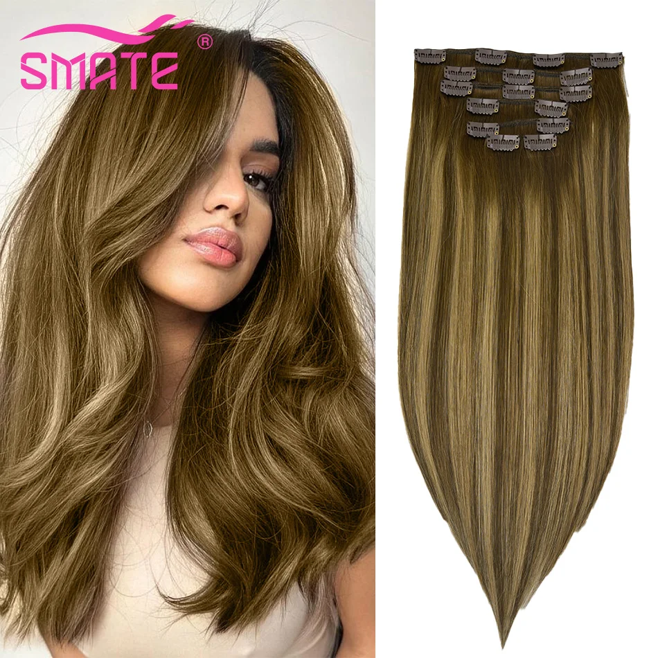 SMATE Real Human Hair Clip ins Balayage Hair Extensions Dark Brown to Chestnut Brown 100% Human Hair for Women 120g 14-22Inch