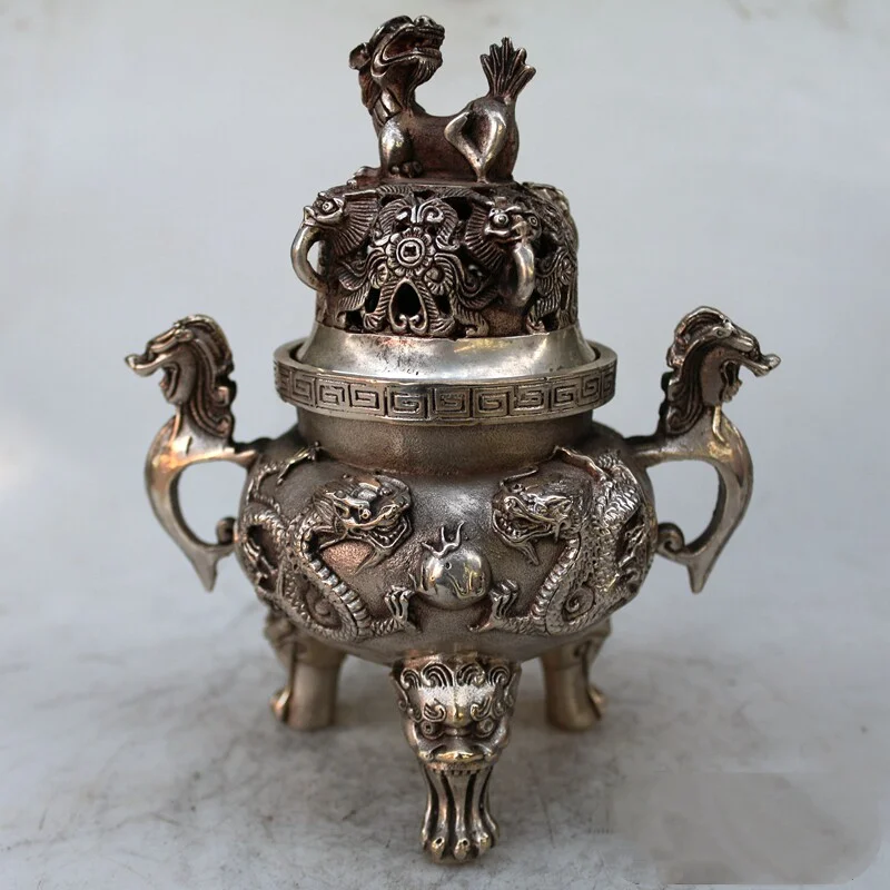 White Copper Silver Plated Dragon Censer Xuande Mark Chinese Double Dragon Pearl Incense Burner Lion Lid Tripod Furnace Decor