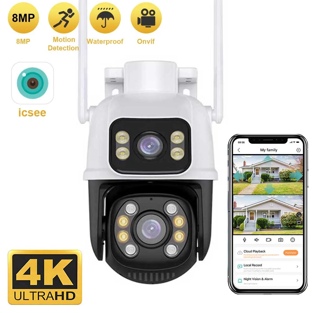 8MP4K Dual Lens Dual Screen Wifi Camera Waterproof Color IR Night Vision Auto Tracking Cloud Wifi Surveillance Cameras ICSEE App