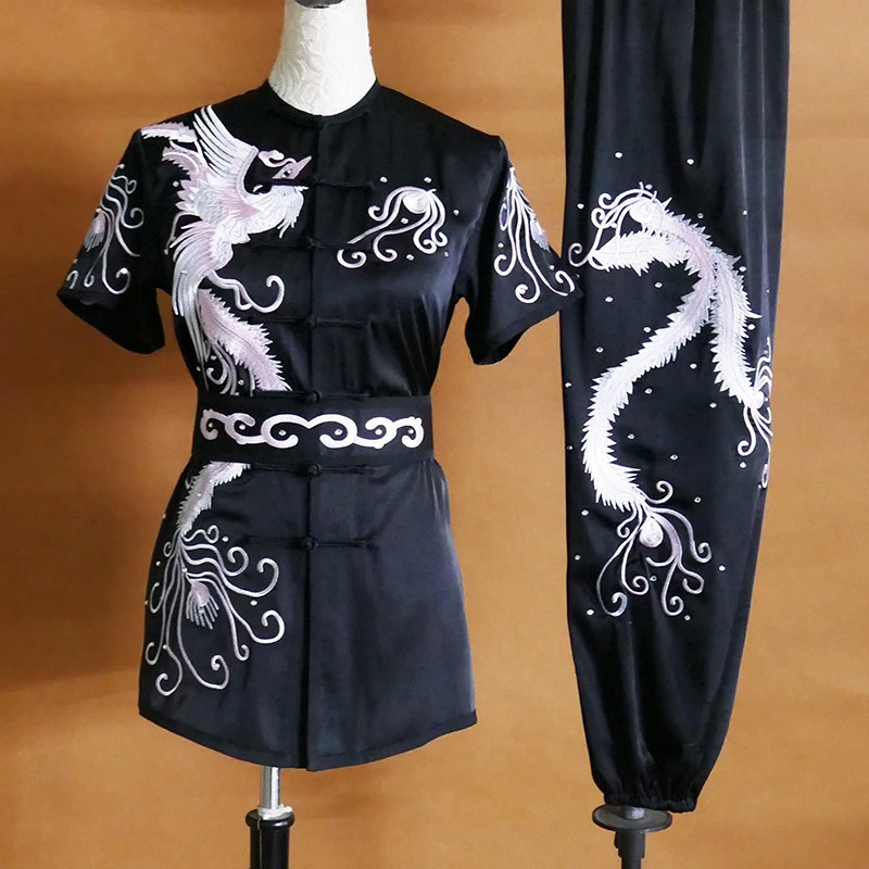 Custom Collarless Phoenix Embroidered Wushu Uniform Changquan Nanquan Short Sleeve Competition Suit Men Women Kids Performance