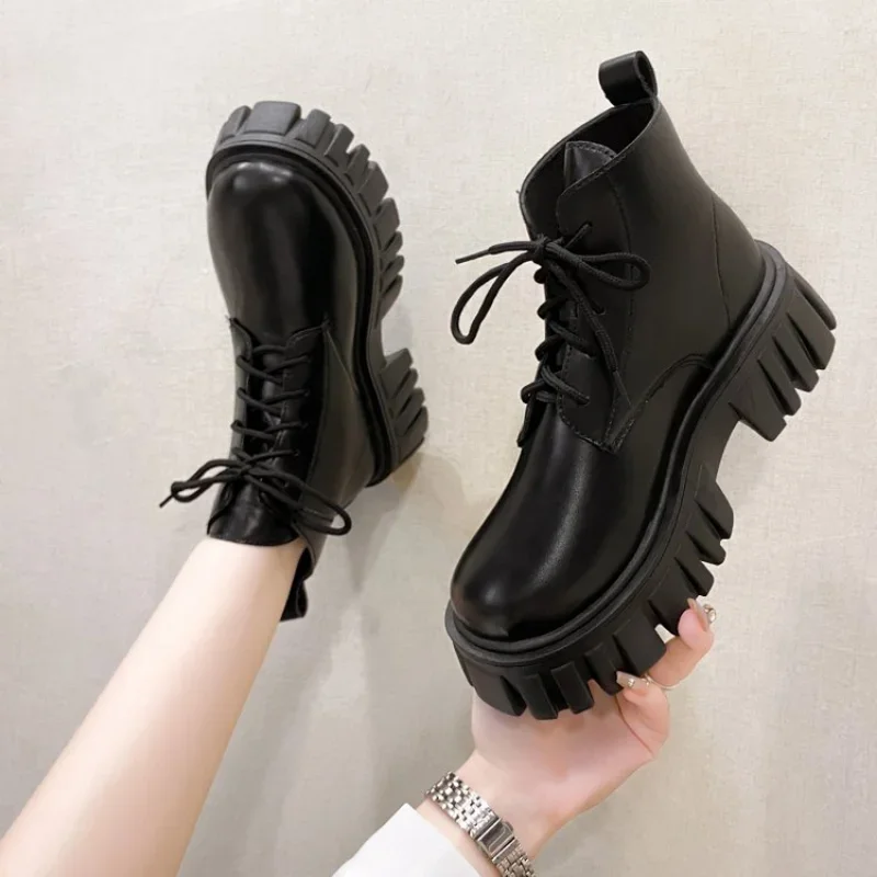 2023 White New Women Ankle Boots  Autumn Winter Platform Zipper Women Punk Boots Thick Sole Lace Up Combat Booties Female Mujer