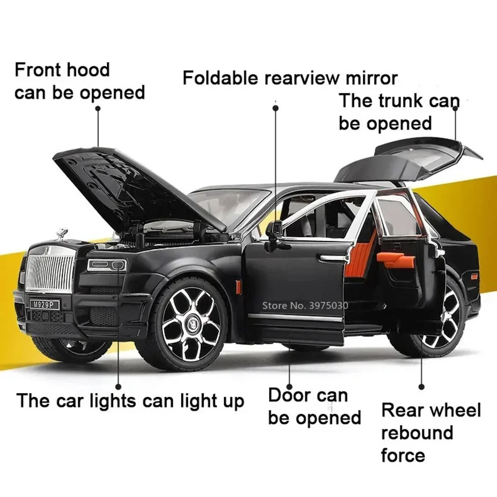 รถโมเดล Rolls-Royce Cullinan BB ขนาด 1:20 ของเล่นรถโลหะผสมแบบหล่อขึ้นรูป มีเสียง มีไฟ ประตูเปิดได้ แบบดึงหลัง ของตกแต่งบ้าน