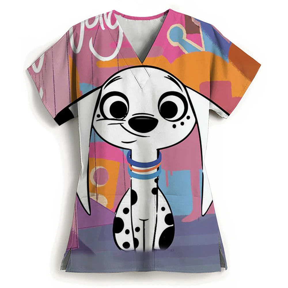 Ladies' V-neck Disney 101 Dalmatian Printed Matte Uniform Thin Nurse Matte Top, Suitable for Women's Short Sleeve Shirt Health C