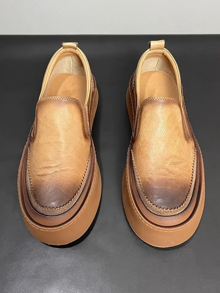 Vintage Mens Summer Breathable Slip On Loafers Thick Platform Casual Shoes Male Round Toe Cowhide Genuine Leather Driving Shoes