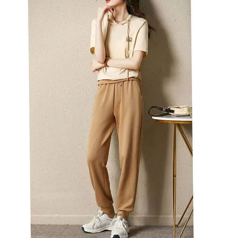 

Pop Casual Pants Sets Fashion Women's Tracksuit Short Sleeve Hooded Sweatshirts Korean Style Pants Loose Two Piece Sets For Wome