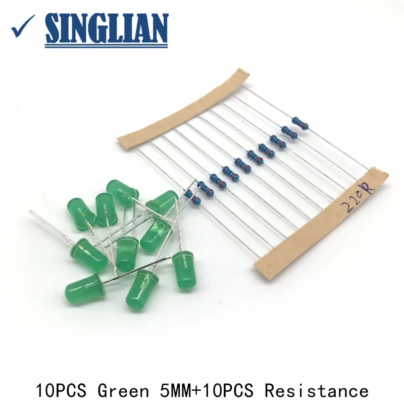 20pcs/lot 10pcs 5MM White/Red/Yellow/Blue/Green/Orang LED Light-emitting Diode + 10pcs Resistance Light Assorted Kit DIY 6 Color