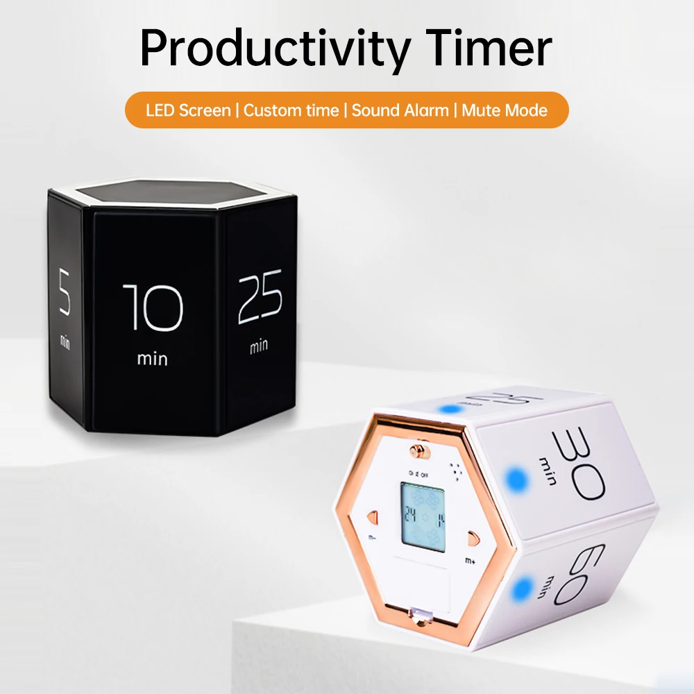 Multi-Hexagon Cube Timer Gravity Sensor Digital Timer with LED Screen Sound Alarm Silent Operation 1/5/10/25/30/60 Minutes
