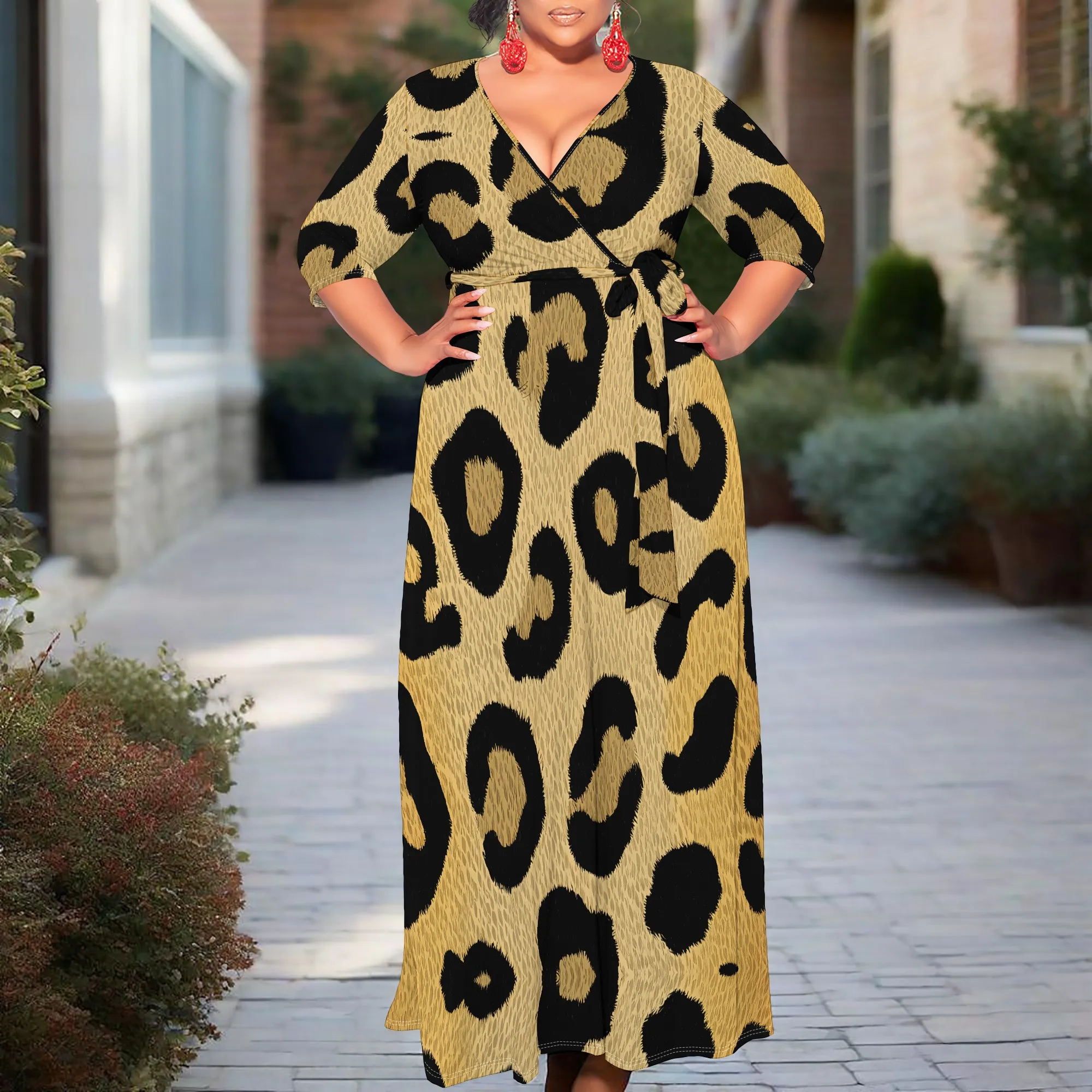 

Classic Leopard Print Wrap Dress XL-6XL V-Neck Belted Maxi Style with 3/4 Sleeve for Night Out, Afro Look or Art Gallery Event