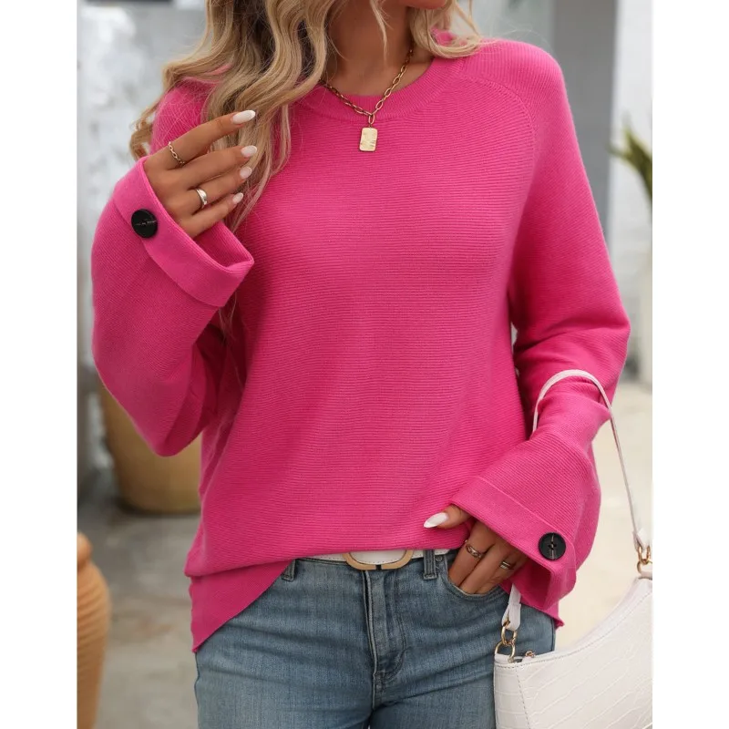 Pink Ladies Long Sleeved Knitted Round Neck Sweater Fashionable Autumn New Item Comfortable Button Core Yarn 2024 Sweater Ladies