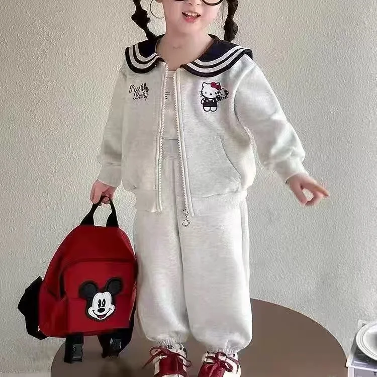 Conjunto de Dos Piezas para Niñas con Bordado de Gato, Cuello Marinero, Suda Casual de Primavera/Otoño, Deportiva, Transp...