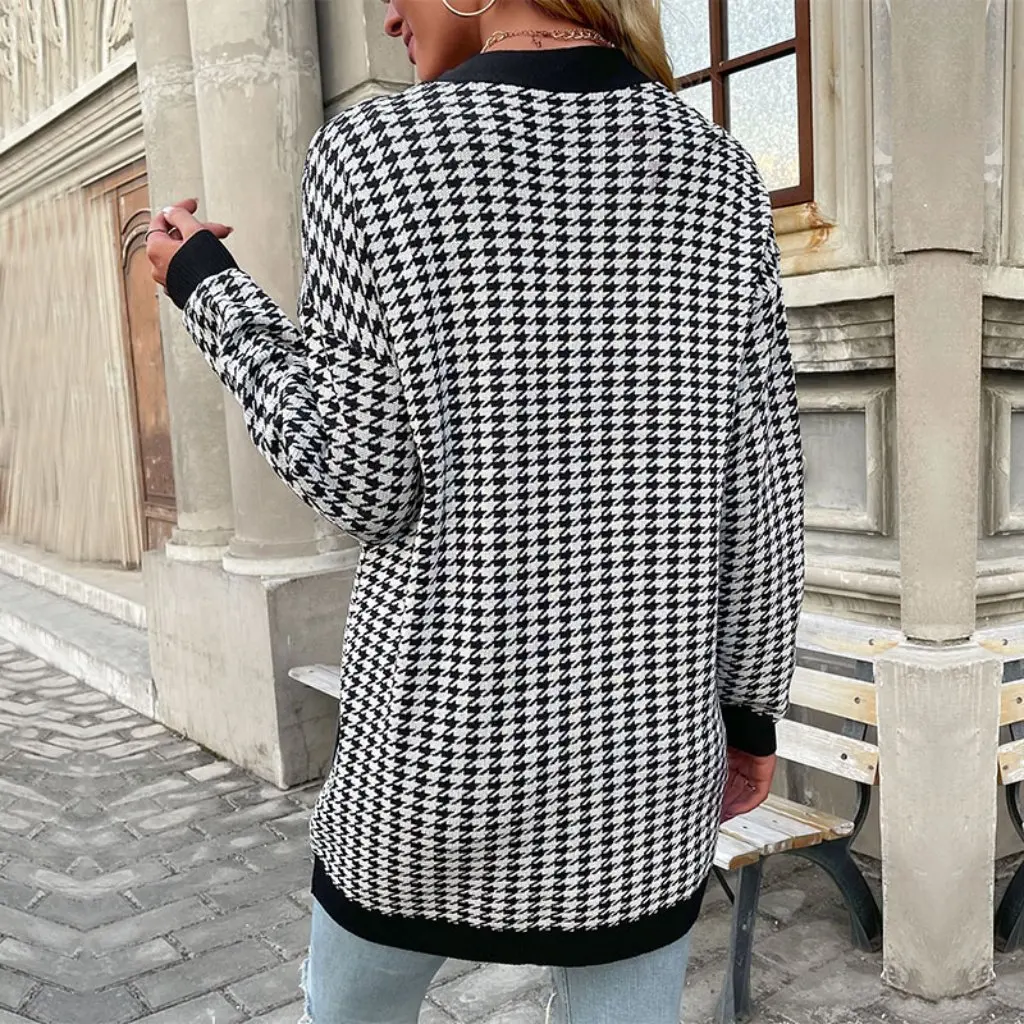 

Autumn Winter European American Style Long-Sleeved Retro Houndstooth Sweater Cardigan Small Fragrance Jacket