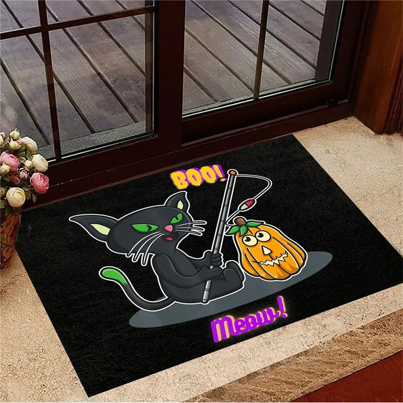 HX Horror Floor Mats Black Cat with Blood Knife No Lives Matter Doormat Cartoon 3D Print Indoor Carpets Halloween Home Decor