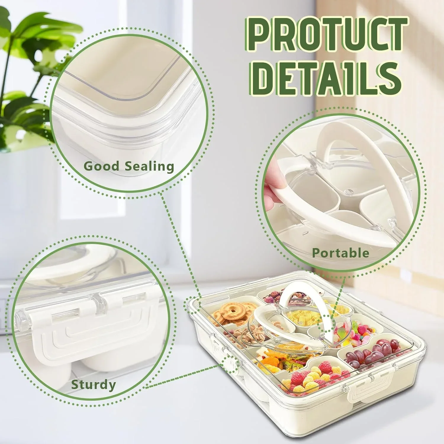 8 Compartments Divided Serving Tray with Lid Veggie Tray Portable Snack Box Food Container for Biscuits, Candy, Fruits, Nuts