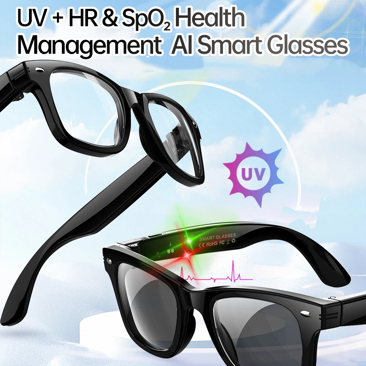 Nuovi occhiali intelligenti AI Frequenza cardiaca Ossigeno nel sangue Monitoraggio della temperatura Occhiali da sole per traduzione Chiamata Bluetooth Occhiali da vista per musica