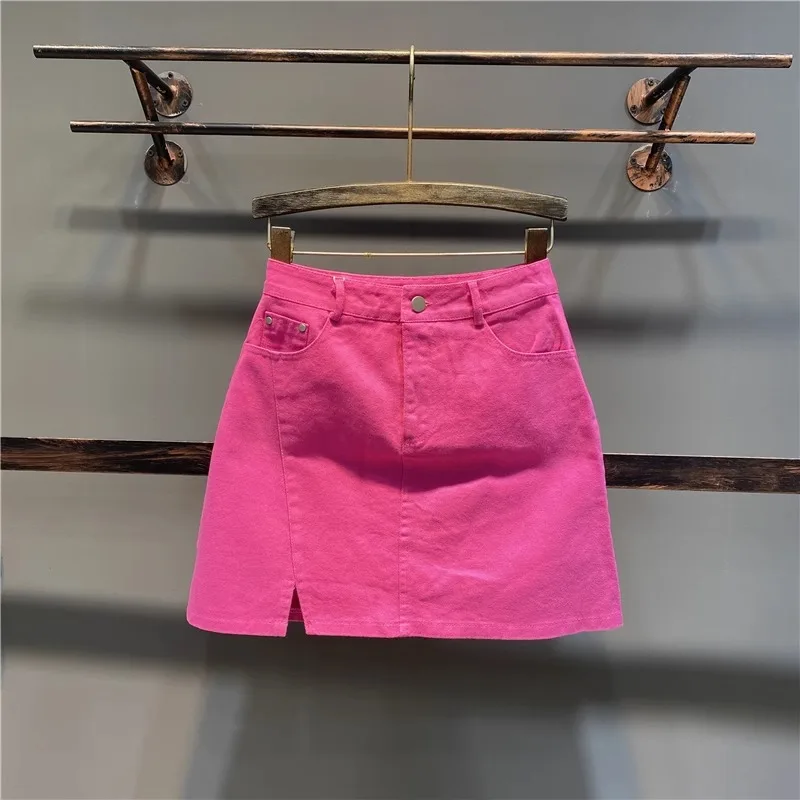 

Rose Red Denim Skirt Women 2025 Summer New Micro-split High Waist A-word Hip Skirt